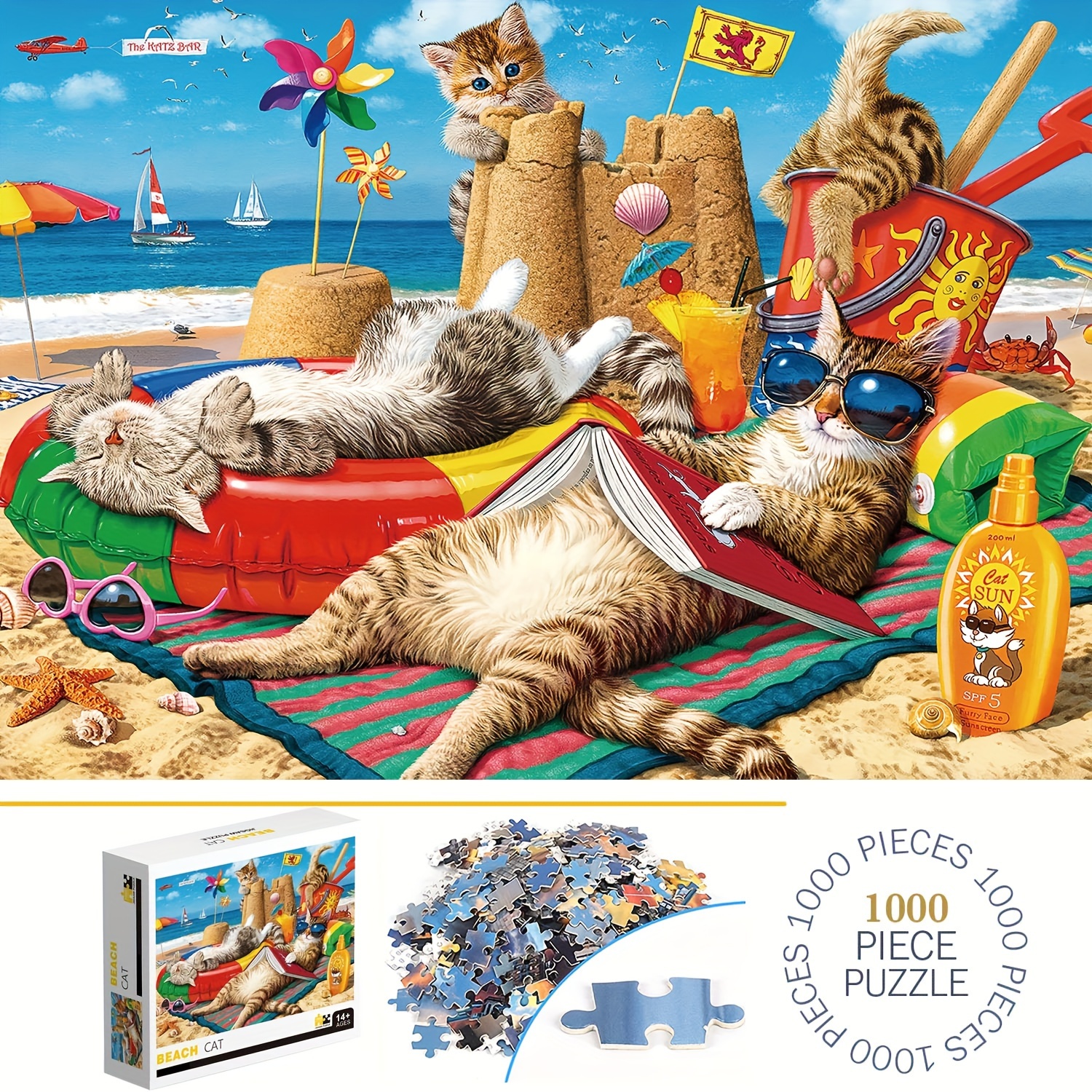 

1000pcs Beach Cats Puzzles, Thick And Durable Seamless Jigsaw Puzzles For Adults Premium Quality Fun Family Challenging Puzzles For Birthday, Christmas, Halloween, Thanksgiving, Easter