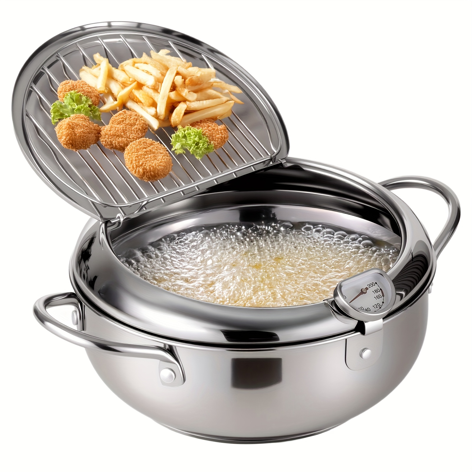 E-shop Edelstahl--Fritteuse mit Thermometer, ohne Stromversorgung, Küchenkochgeschirr, geeignet für Küchenbraten Outdoor-Kochen