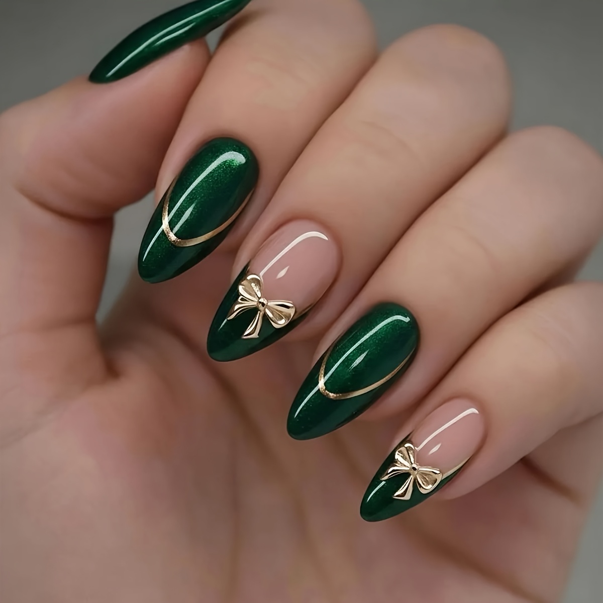 TEMU 24pcs Set Fine Glitter Dark 3d Design False Nails, Elegant Dark Green And Almond-shaped Press-on Nails For Parties And Festivals, Almond-shaped