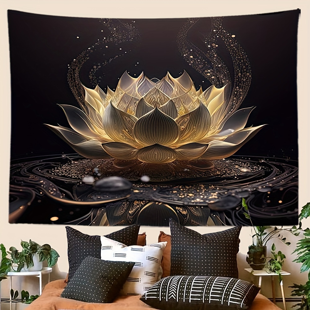 

Elegant Black & Golden For Lotus Flower Tapestry - Aesthetic Wall Art For Living Room, Bedroom, Dorm Decor | Polyester Fiber, Easy Install Kit Included