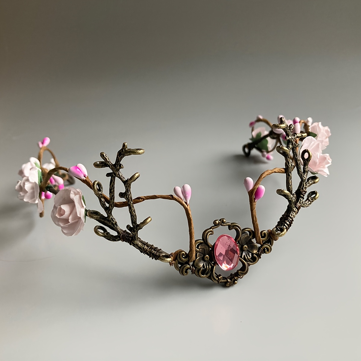 TEMU Diadème de mariée Viking Vintage Fée Fleur Couronne avec violettes et roses, ajouts de cheveux Bois, Couronne de princesse bohème vintage,