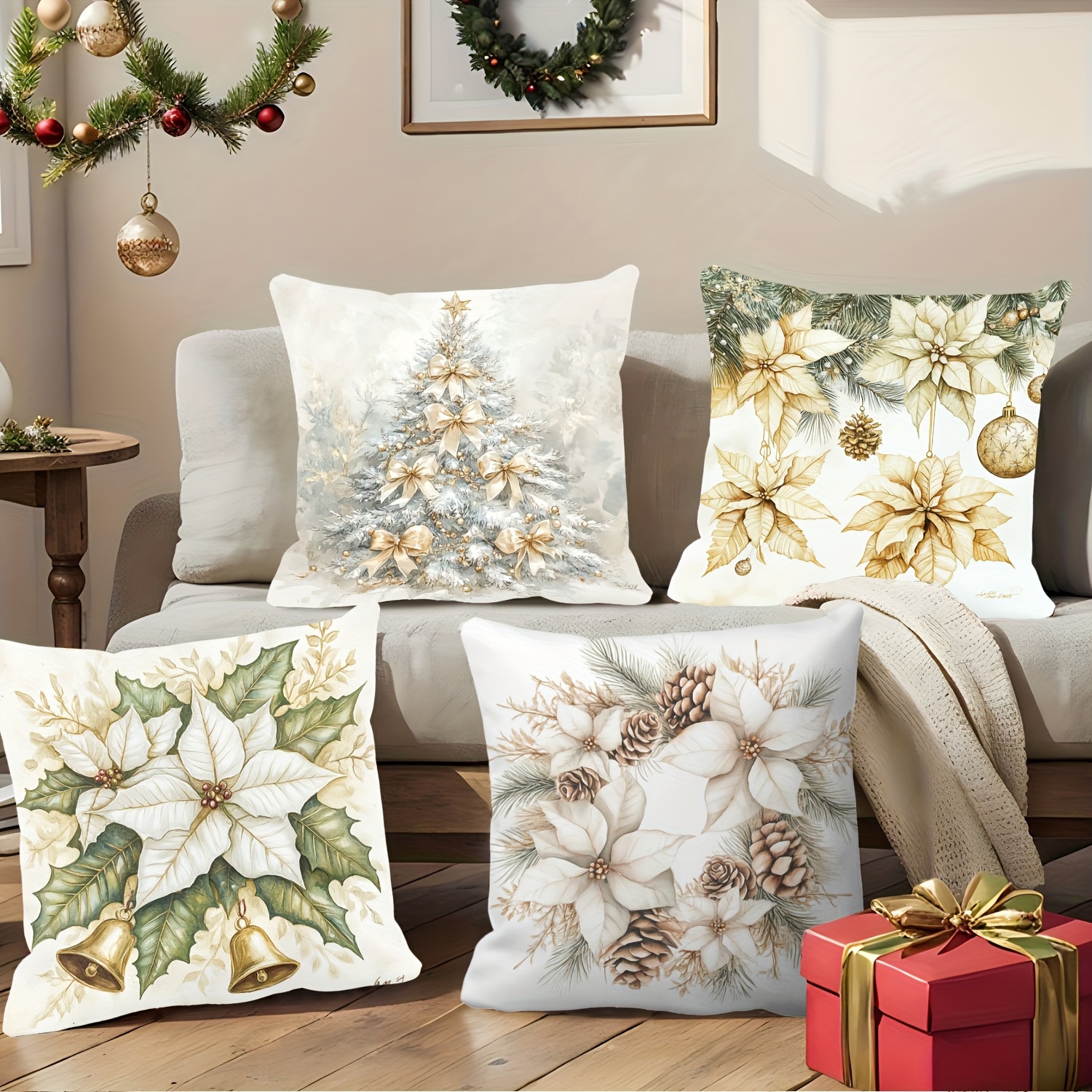 TEMU 4pcs Christmas Throw Pillow Covers, 18x18 Inches, Vintage Style, Poinsettia, Holly, Pine Cone, Christmas Tree, , , Watercolor Print, Zipper