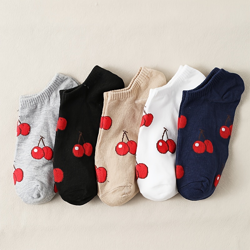 

5pcs Women's Cute Cherry Print Ankle Socks - Soft Polyester & Spandex , All