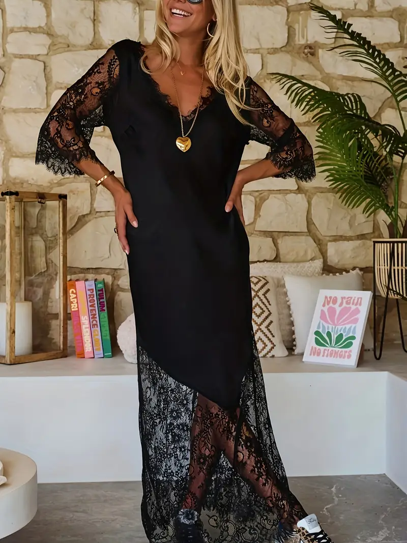 lace stitching black dress Women Black Evening Party Dress Lace Stitching Short Sleeve Stand Neck Ankle-Length Empire Waist Summer Event Gown from Dhgate Runway Dresses