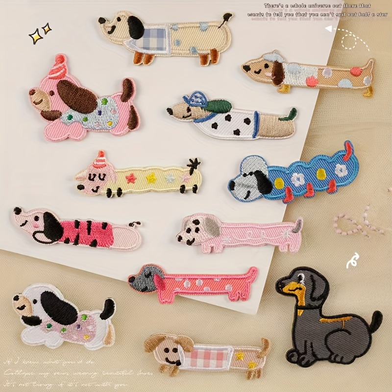 

12pcs Cute Dachshund Embroidered Patch Set, Self-adhesive Iron-on Appliques For , Jeans, T-shirts, Masks, Backpacks - Assorted Colors