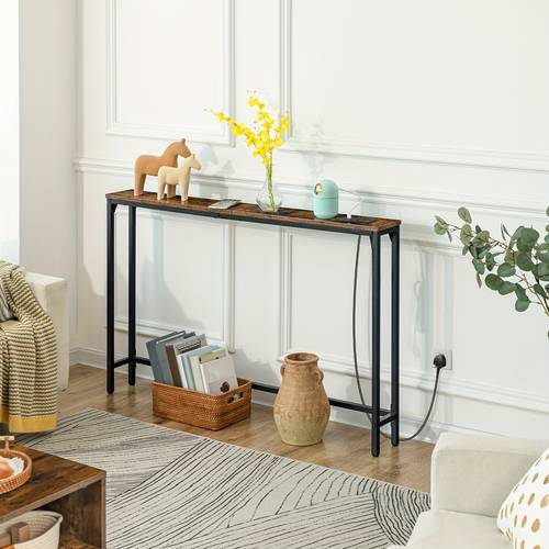 120cm Console Table With Charging Station, Narrow Long Behind Couch Table With Power Outlets, Sofa Table For Entryway Living Room, Hallway, Office, Rustic Brown