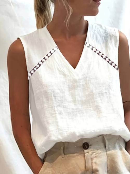 loose solid v neck lace hollow out vest top