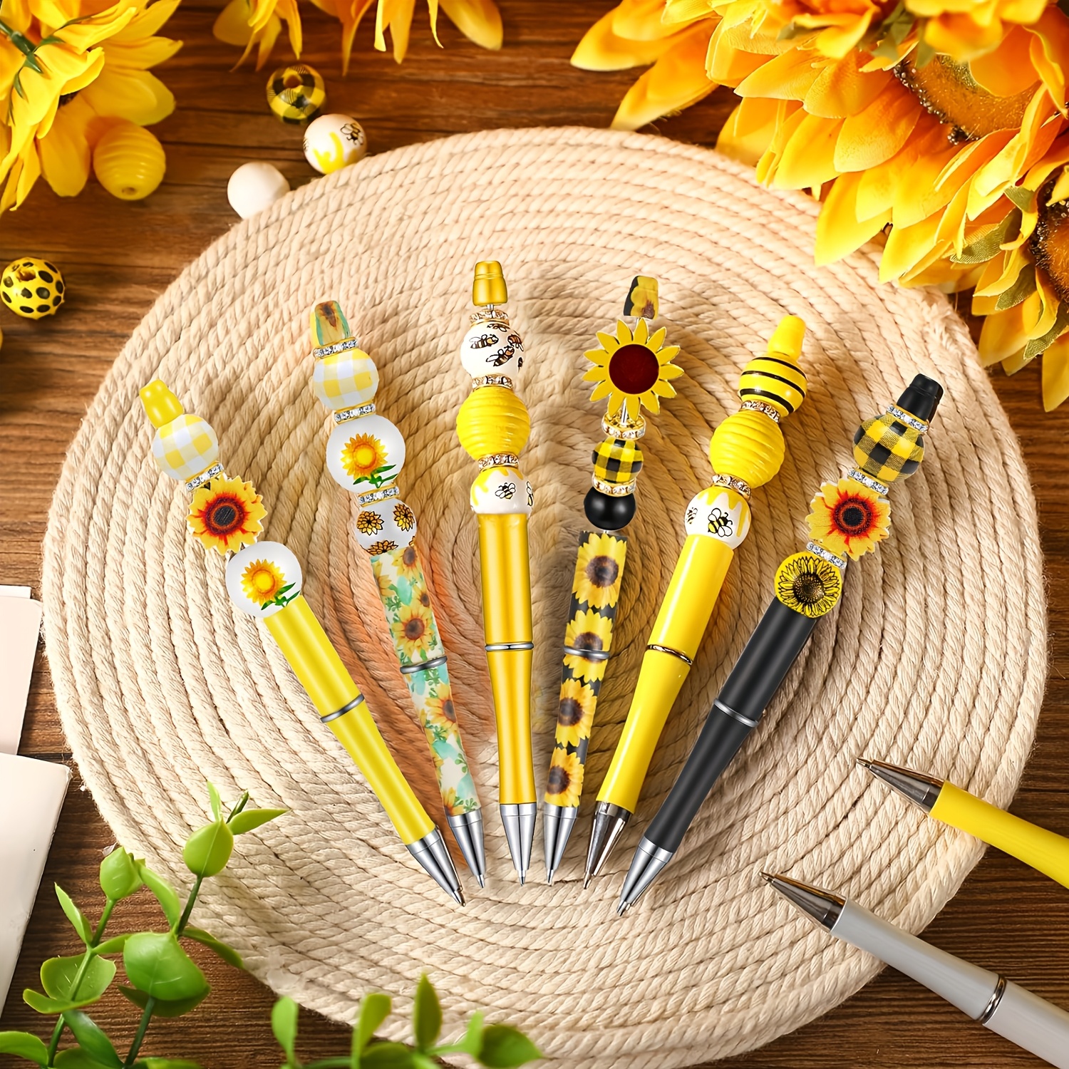 Image of Set Of 6 Sunflower Beadable Ballpoint Pens - Vibrant Diy Craft Kit With Wooden & Rhinestone Accents, Perfect For Office, School Supplies, Party Favors, And Creative Writing