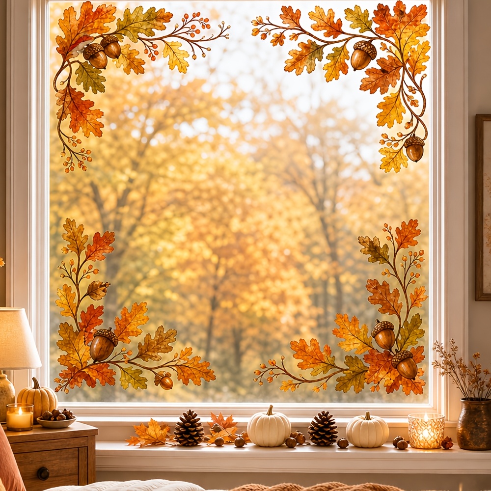 TEMU 1 adesivo 2D , vetro con viti autunnali, foglie autunnali e elementi con ghiande, adesivo decorativo per casa, finestra di di fiori, , autunnale