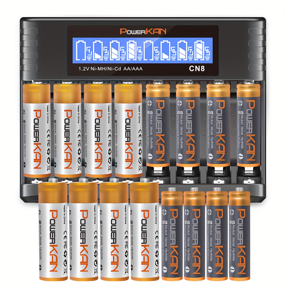 Set (Batterij + Oplader), POWERKAN 1.2V Ni-MH Oplaadbare AA en AAA Batterijen + CN8 Oplader, Herbruikbaar en Herbruikbaar, 800mAh AA Batterijen x8st en 300mAh AAA Batterijen x8st Combo met 5V 2A USB Snellaad AA AAA Oplader, Essentiële Starterkit voor Thuis Elektronica Accessoires