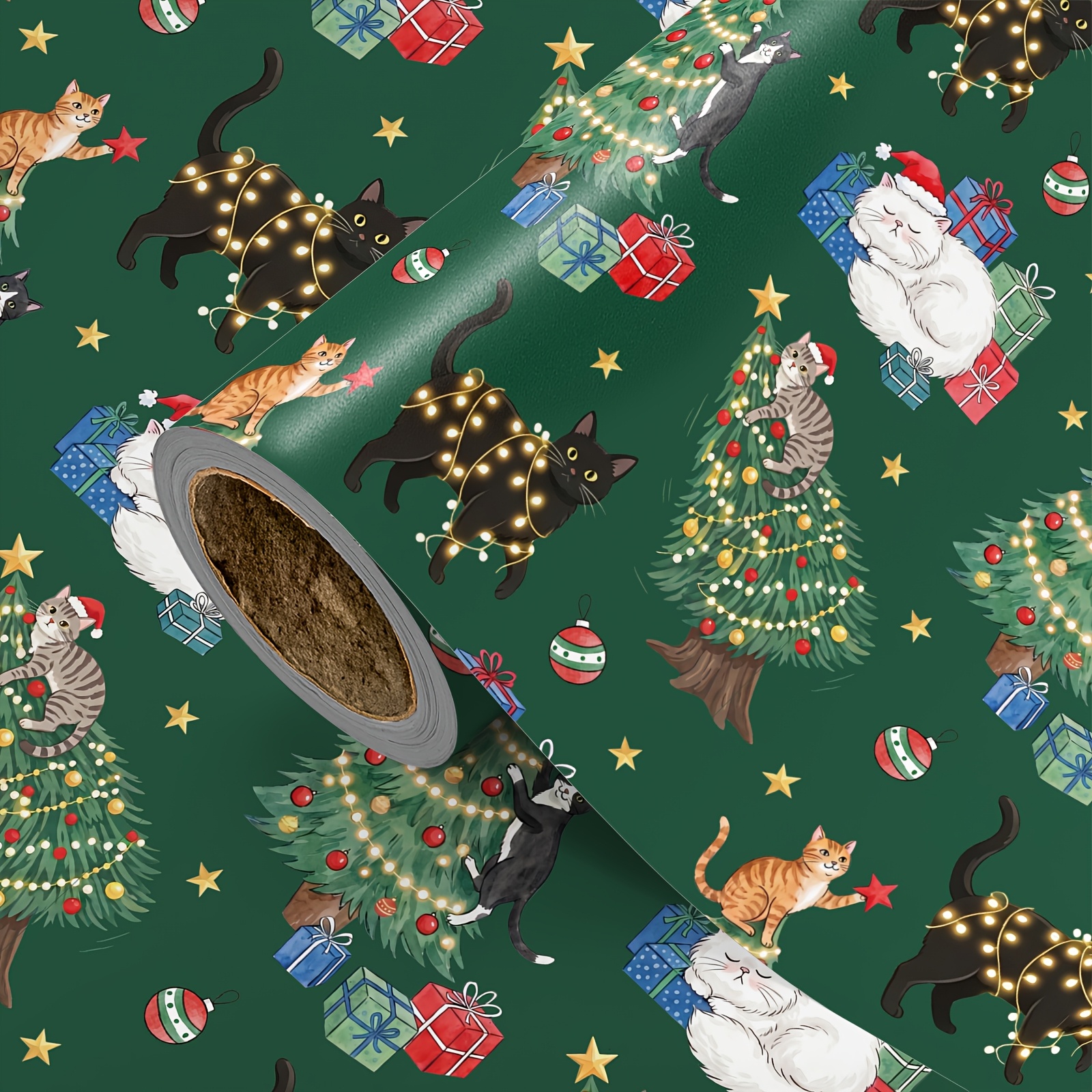 TEMU 1 Rouleau de de Noël et du Nouvel An, Fond Vert Foncé , Chats Domestiques Espiègles, , Guirlande Lumineuse, Chat Tigré Orange Grimpant sur un