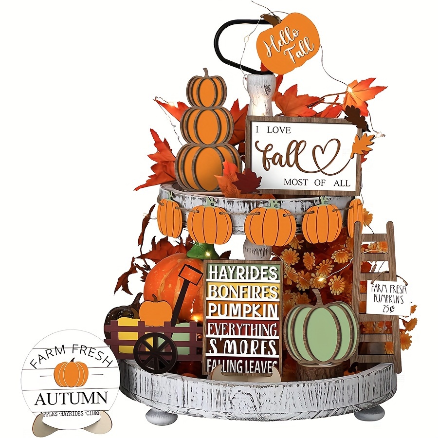 

14-piece Fall Farmhouse Decor Set - Rustic Pumpkin & Maple Leaf Wooden Signs For Tiered Trays, Perfect For Thanksgiving & Autumn Celebrations