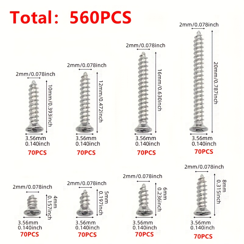 TEMU Confezione da 560 viti autofilettanti per legno - kit di classificazione con 8 diverse misure di viti metalliche a testa piatta Phillips M2