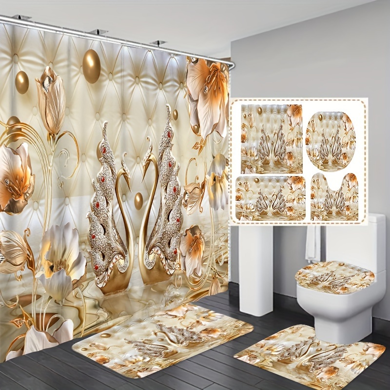 

1/3/4pcs Luxurious Golden Swan Diamond Pattern, Bathroom Shower Curtain Set With 2/3pcs Toilet Mat, Includes 12 Free Hooks, Waterproof Polyester Fabric, Easy Clean