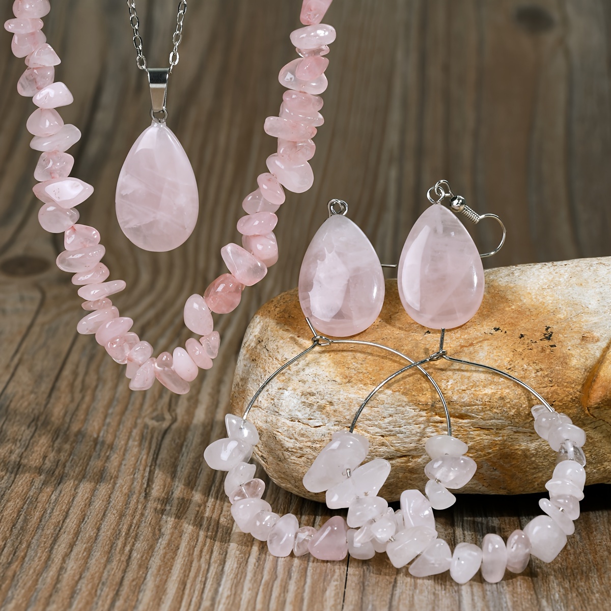 Boho Pink Quartz 6pc Jewelry Set Handcrafted Stone