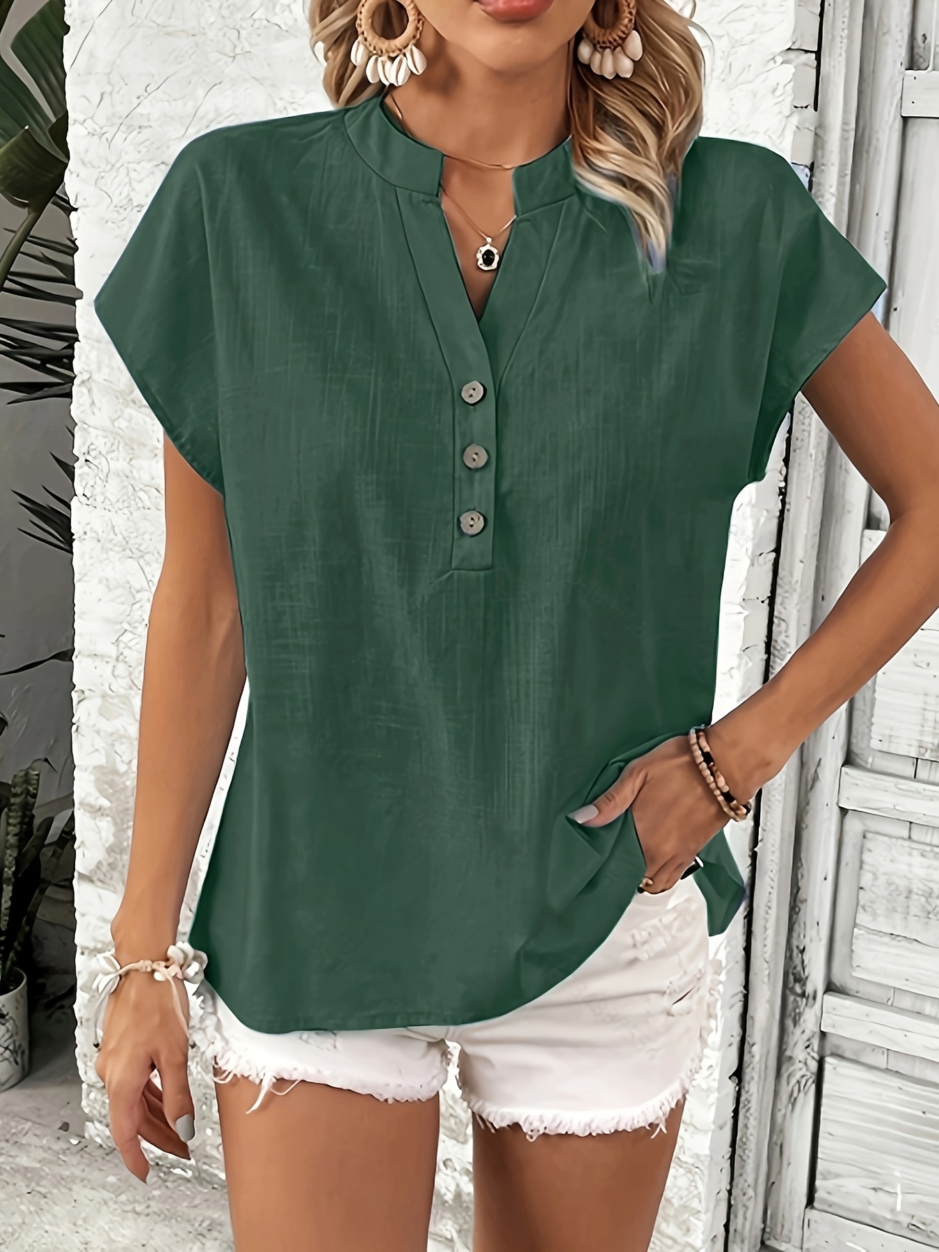 womens elegant dark blue v neck blouse front button design - Temu Georgia, image size:800x1067