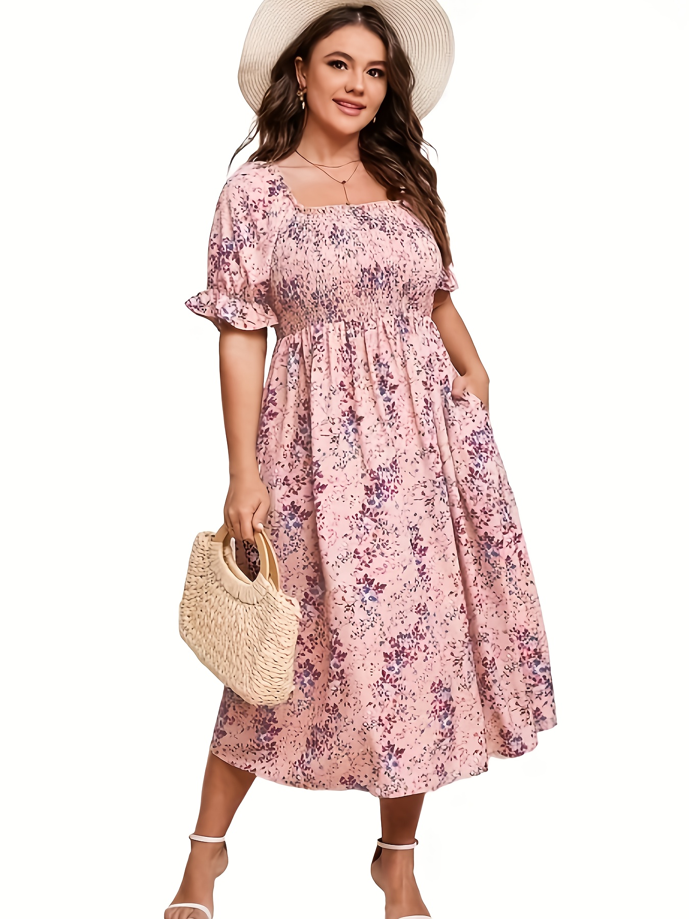 strapless open back dress Plus Size Short Sleeve Floral Printed Midi Dress in Pink main image 1