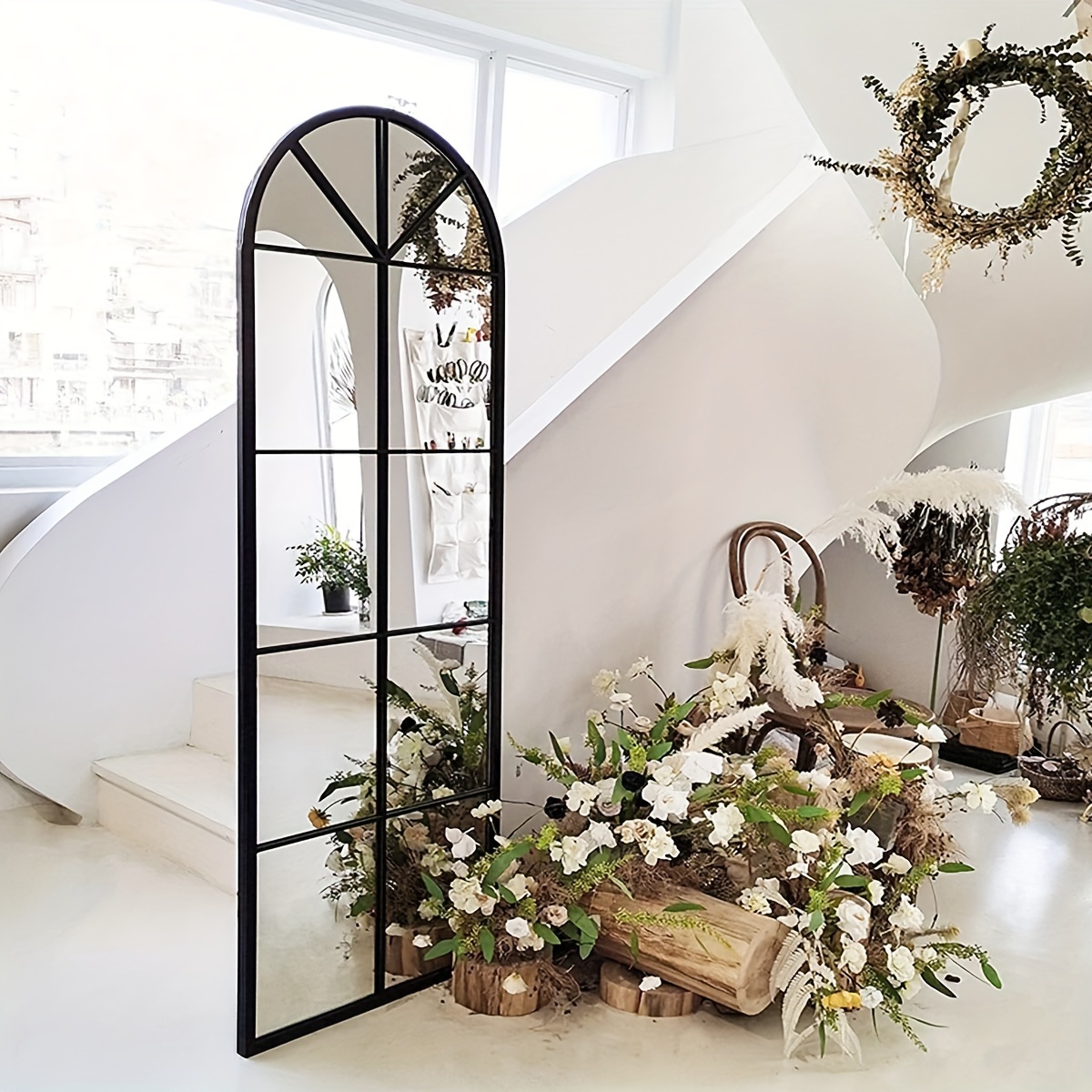 

Tinytimes Large Window Garden Mirror, Arched Indoor Outdoor Full Length Wall Mirror, Metal Frame, Home Décor, Long Mirror, Wall Mounted Or Leaning, No Stand, Black