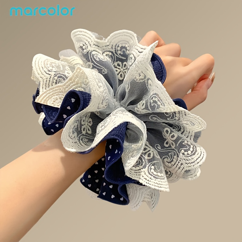 TEMU Marcolor Vintage Lace Hair Scrunchie, Designed For Women, Heart Print Mesh Layered Scrunchie, Vintage Hollow Embroidered Large Organza Hair