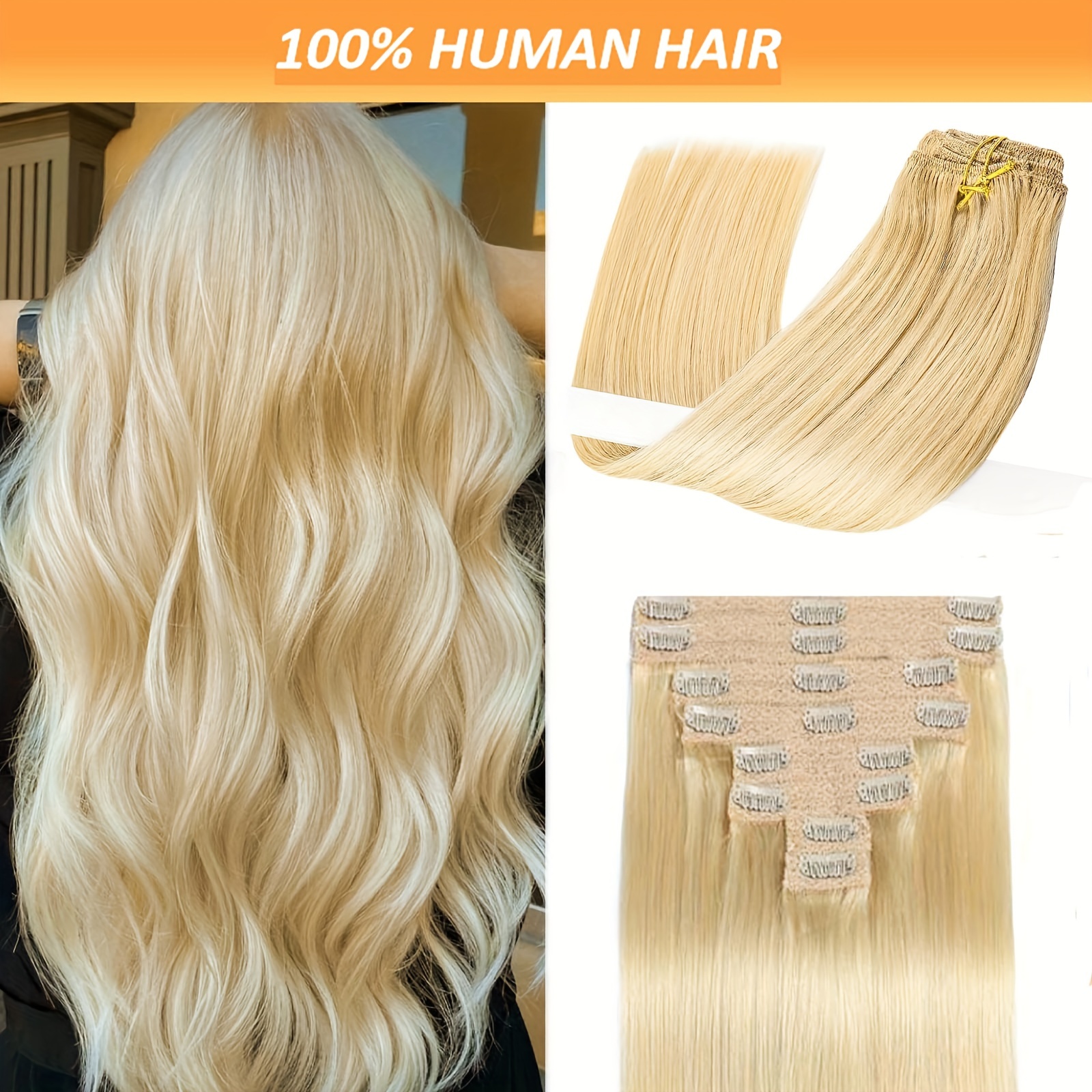 

8pcs/sets Clip In Human Hair Extensions - 16 To 26 Inch Brazilian Remy Straight Hair - 613 Blonde Color - For Women