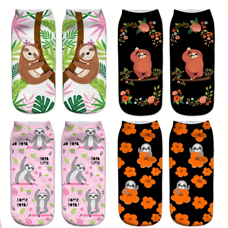 

4pcs 3d Cartoon Sloth Print No-show Socks - Breathable,