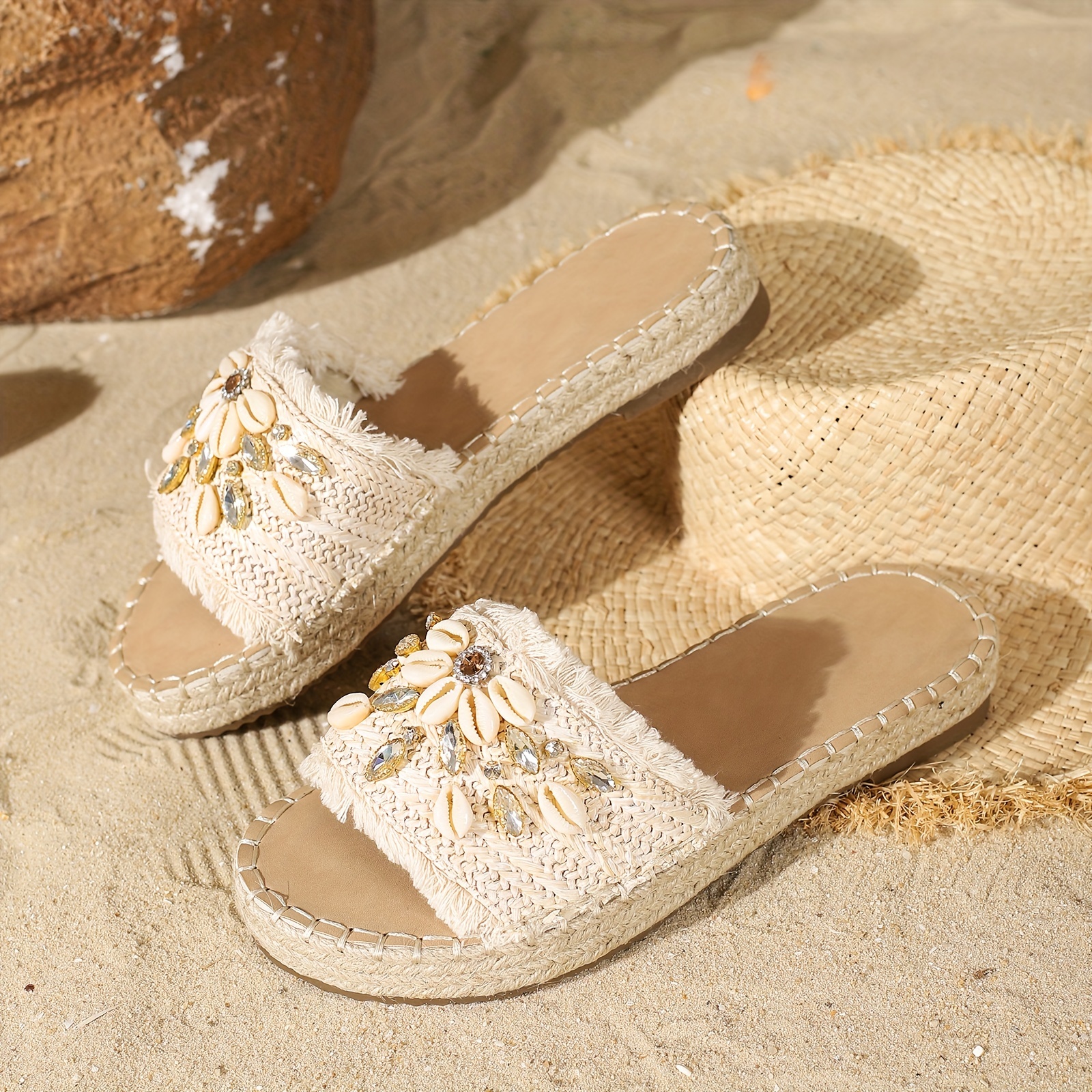 Image of Summer Casual Shell-decorated Strappy Slip-on Straw Flat Women's Fisherman Slippers, Women Shoes Elegant Women Shoes Shoes