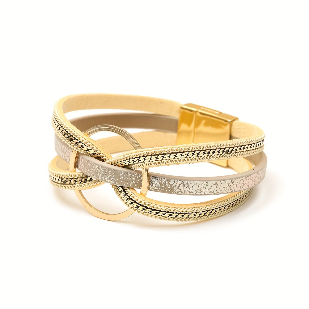 Minimalist PU Leather Bracelet with Circles, Magnetic Closure
