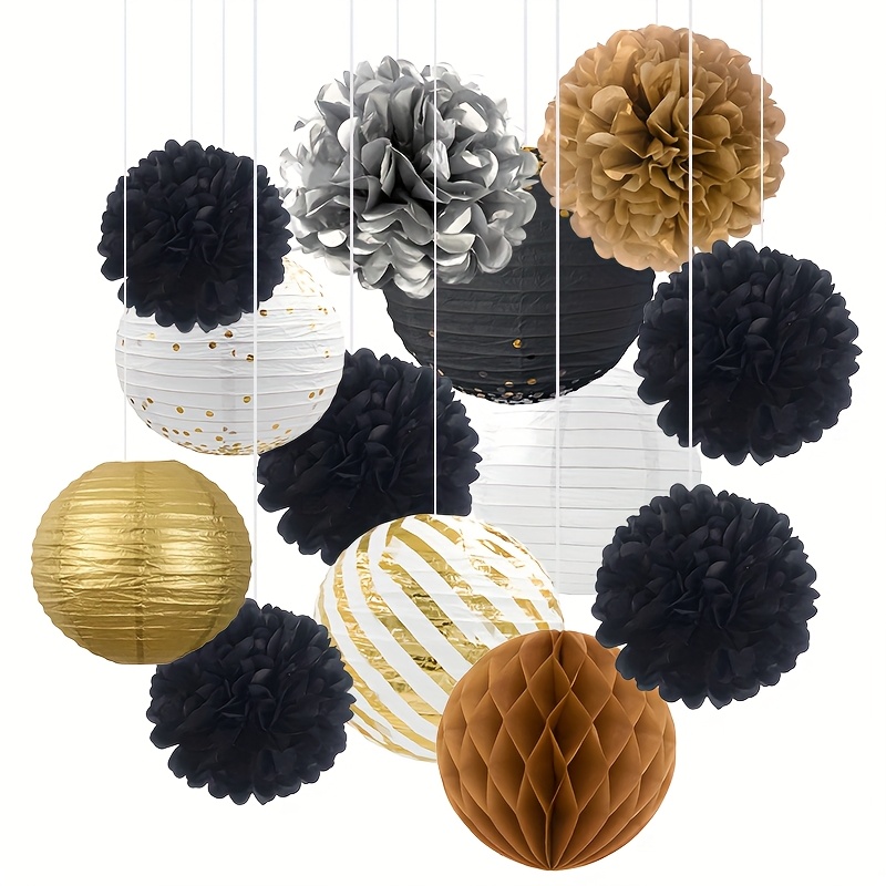 13 New Year Party Decorations, Black And Golden Paper Pom Poms, Tissue Pom Pom Sets, New Year's Eve Decor, Outdoor Decorations, Weddings, Birthday Parties, New Year Gifts