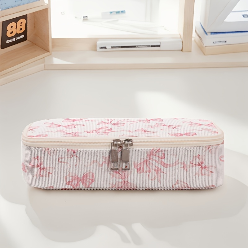 TEMU Trousse à crayons grande capacité avec motif nœud rose imprimé, trousse à crayons multifonctionnelle portable à fermeture éclair pour le