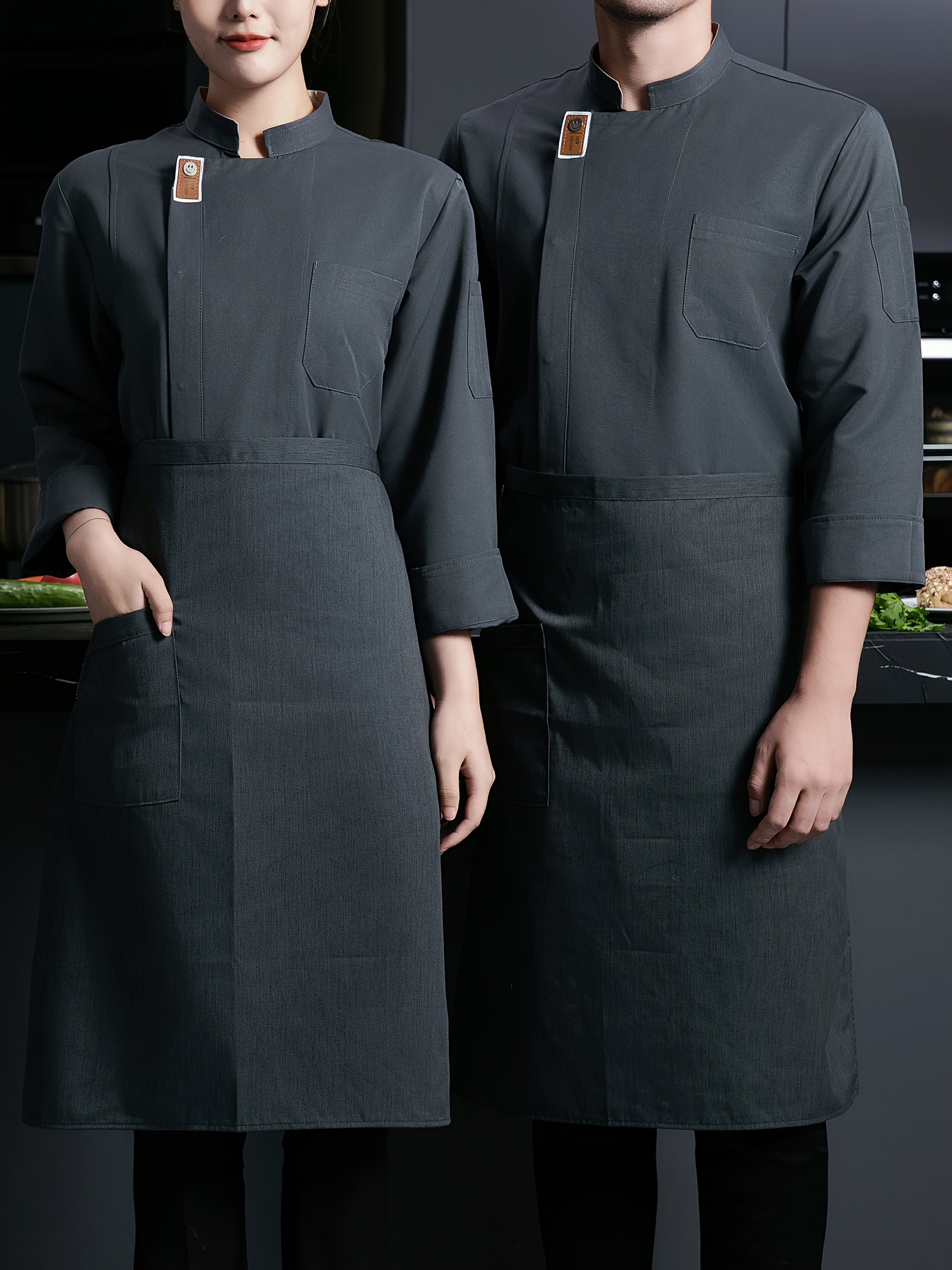 1pc unisex chef uniform long sleeve polyester 100 solid color non stretch woven fabric collared neck with pockets regular fit for spring and autumn hotel kitchen top 0
