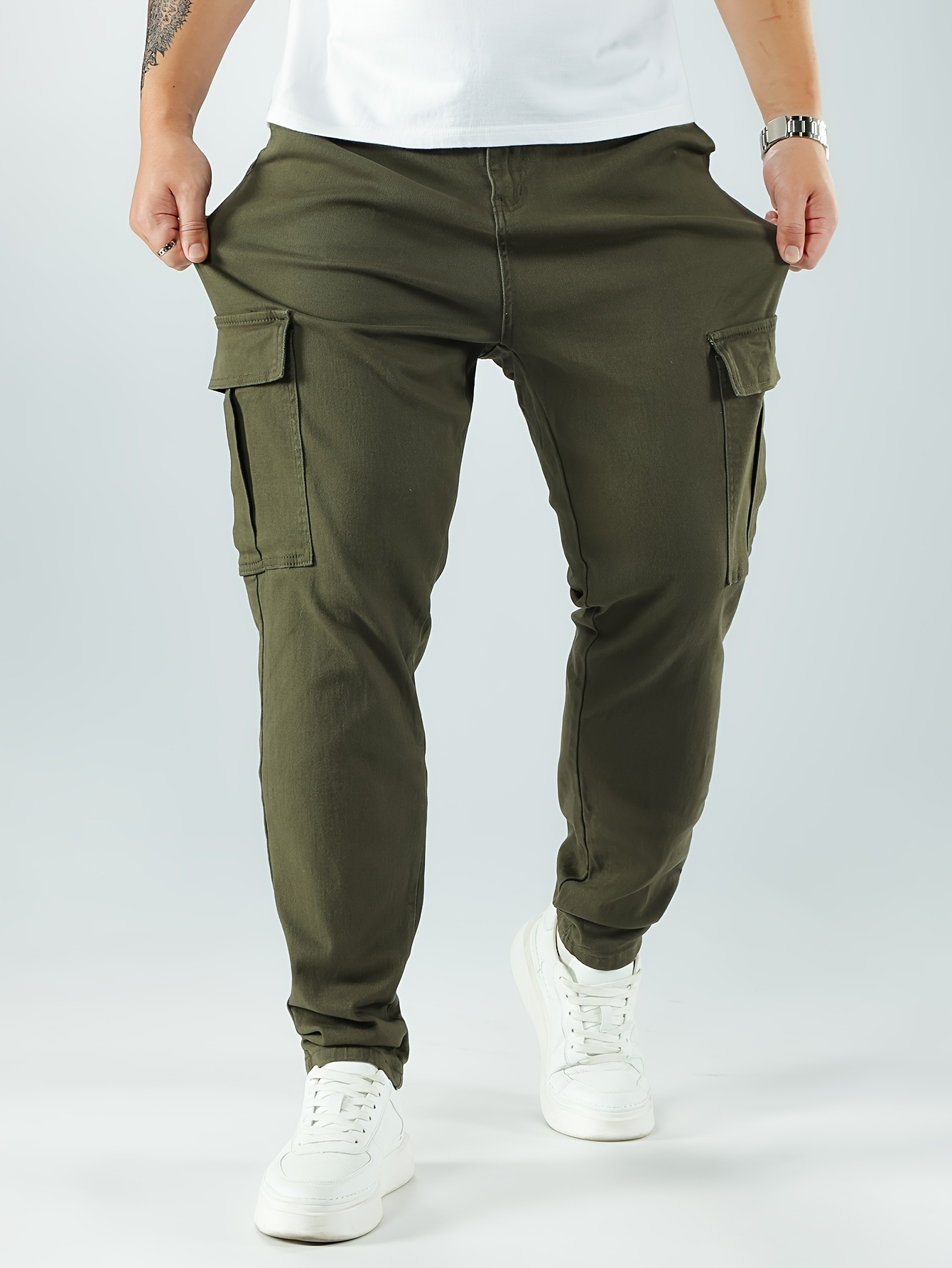 Men's Slim Fit Olive Green Cargo Pants with Multiple Pockets - Stretch Blend, Machine Washable, All-Season Wear, PLUS SIZE