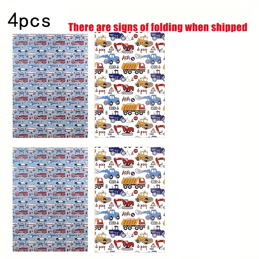 Image of Set Of 4 Wrapping Papers Featuring Excavators, , And Trucks - Bright Designs Of In Blue, Yellow, And Orange - Ideal For Boys, Men, And Birthday Presents, Gift Wrapping | | Sturdy Wrapping For Gifts