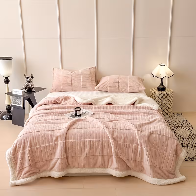 1pc luxury fleece thick double layer blanket plush winter bedspread machine washable cozy throw for bed sofa outdoor decor in brown navy burgundy dark green light green pink Product details 8