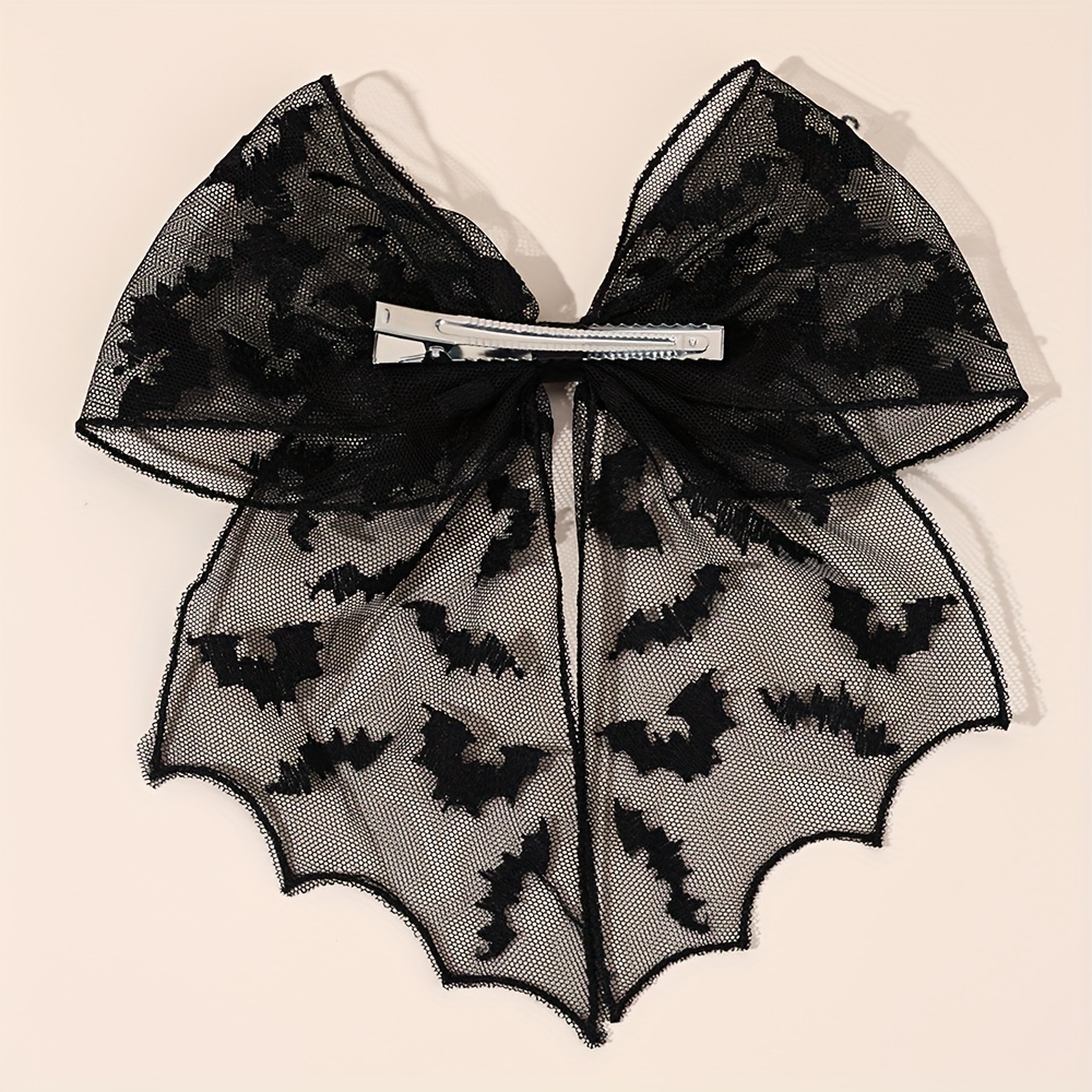 3 pairs halloween bat silhouette hair clips - gothic lace polyester hairpins with black bows, exaggerated design for women &,   cosplay, costume parties & casual attire, festive hair accessories for halloween, halloween costume, gothic style, durable hairpins Product details 6