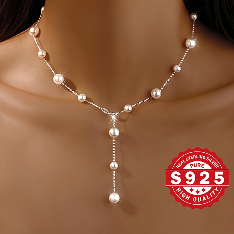 

's Large Shell Bead Necklace, S925 Pure Silvery, Adjustable Shell Bead Necklace, Elegant Temperament, Suitable For Christmas Gifts To Mother, Wife, Low Allergy 2.1g