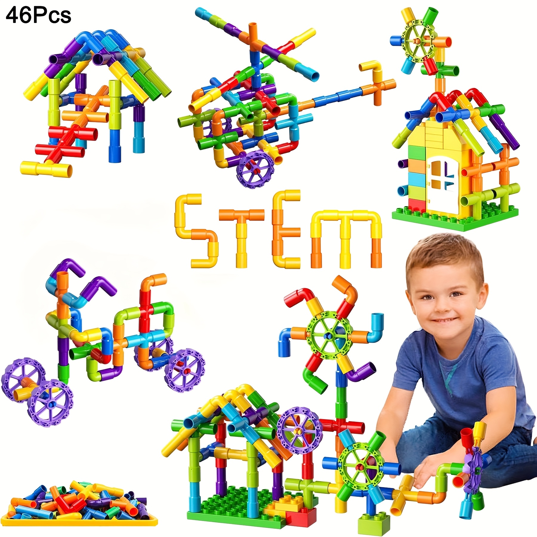 item picture building blocks stem pipe tube learning toys birthday gifts not powered educational autistic toy compatible building     for kids boys girls ages 3 4   1set 46pcs random colors