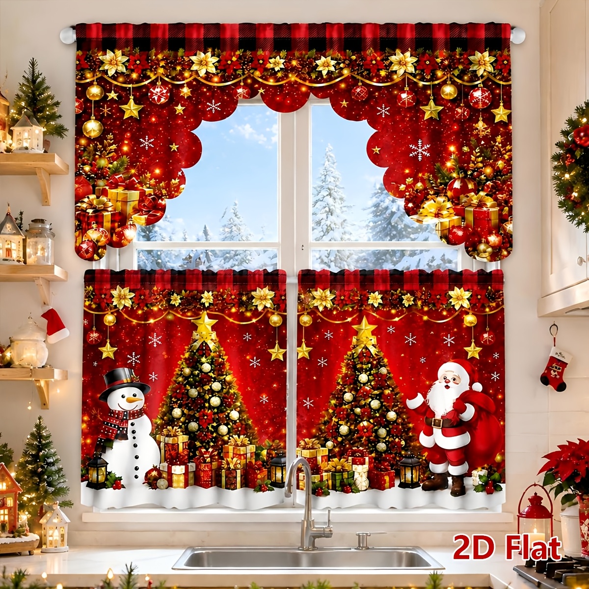 TEMU 2d Flat, 3pcs Set, 2d Flat, Christmas Kitchen Curtains, Santa Claus And Christmas Tree Pattern Red Curtain Panels And Tiered Curtains, Kitchen