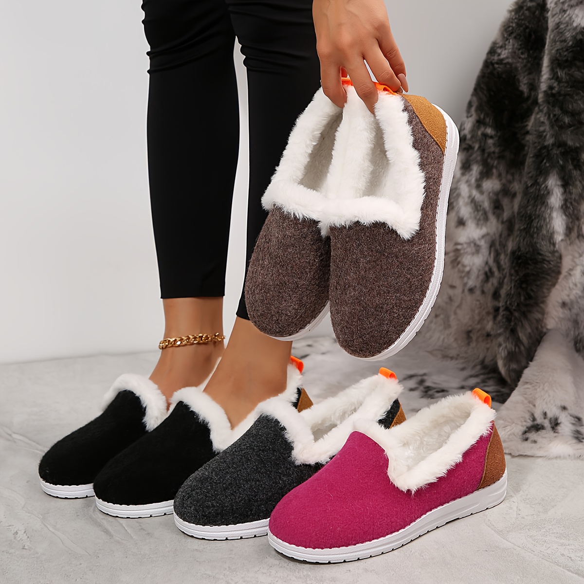womens winter plush like penny loafers soft warm round toe slip on shoes with white rubber sole cozy fabric insole hand washable indoor   style low cut flats for cold weather white 0