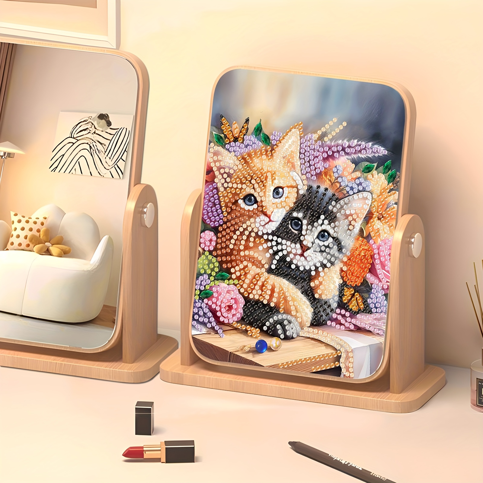 TEMU 1pc, Diy 5d Diamond Painting Cat Mirror Kit - Rotating Wooden Frame With Adorable Kittens Design, Handcrafted Decorative Makeup Vanity Mirror, &