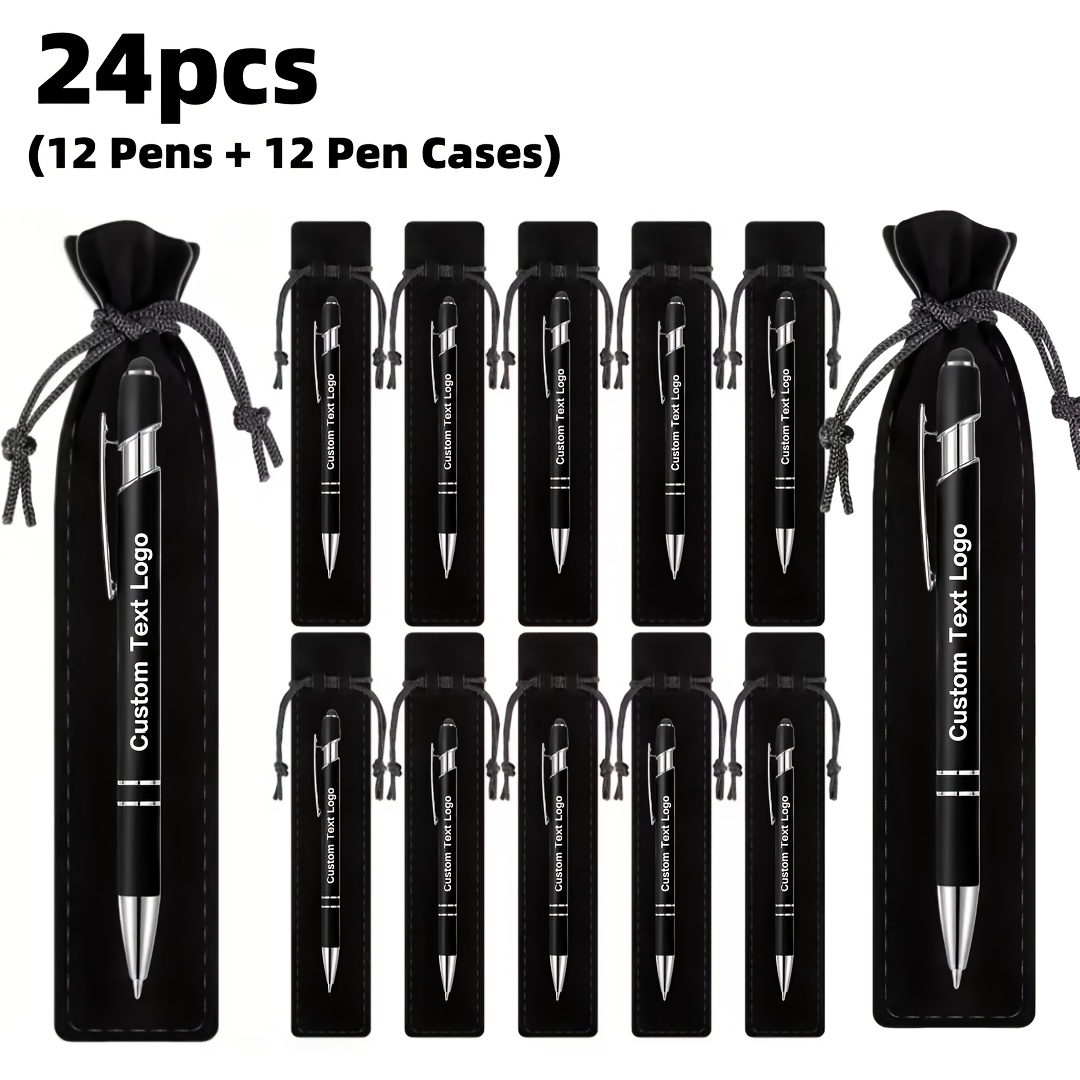 TEMU Lot de 24 pièces : 12 stylos à bille + 12 trousses à crayons, ensemble de stylos à bille personnalisés en métal noir avec trousse à crayons