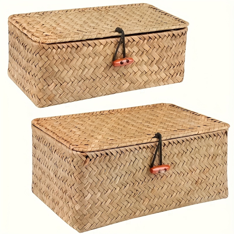 Conjunto de 2 Cestos de Almacenamiento Rectangulares de Mimbre con Tapas - Tejidos a Ma...