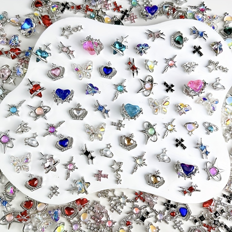 

50pcs Mixed Color Alloy Rhinestone Charms - 3d Bow & Heart Designs For Diy Nail Art, Earrings & Jewelry Crafting