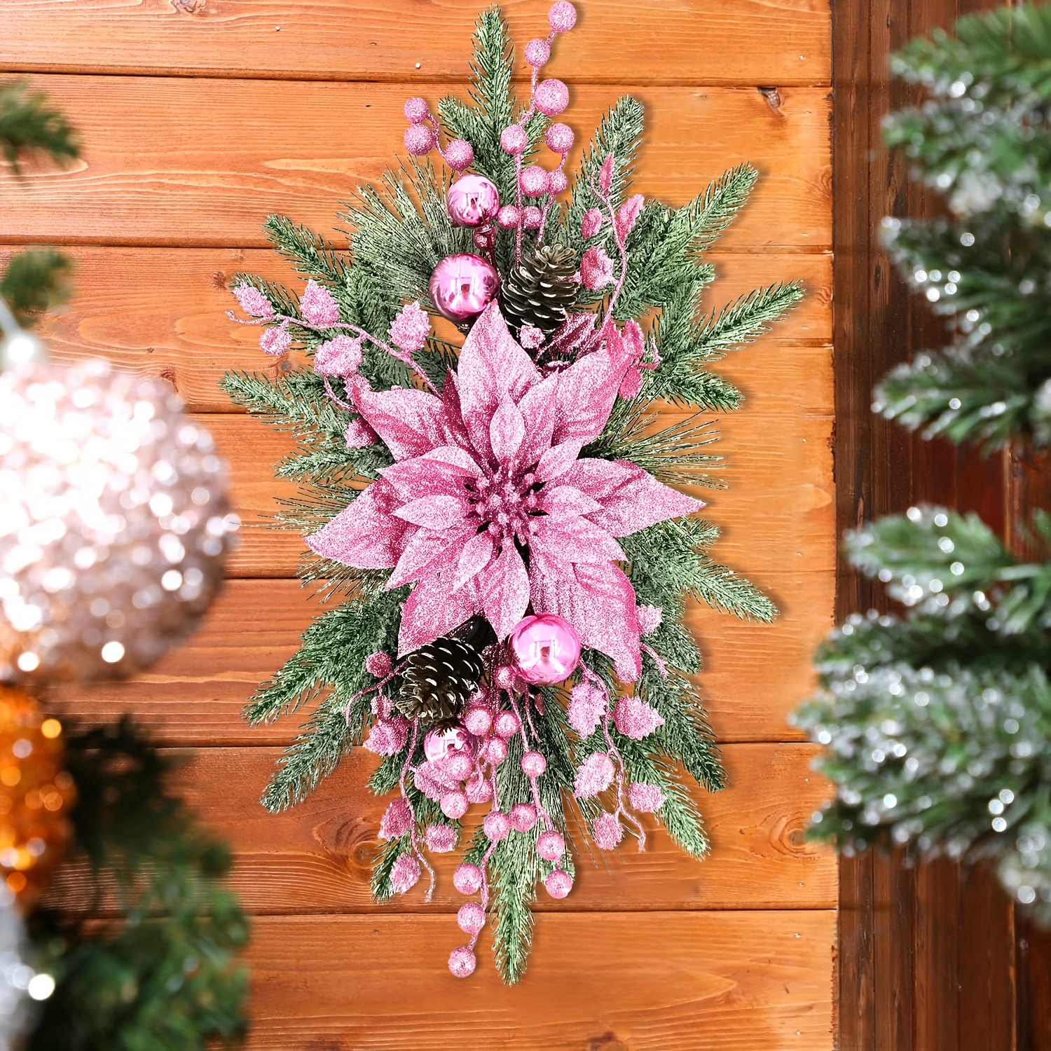 Image of 21-inch Christmas Froested Stair With Pink Poinsettia Flower& Ornaments - Indoor/outdoor Holiday Decor, Front Door & Staircase Accent