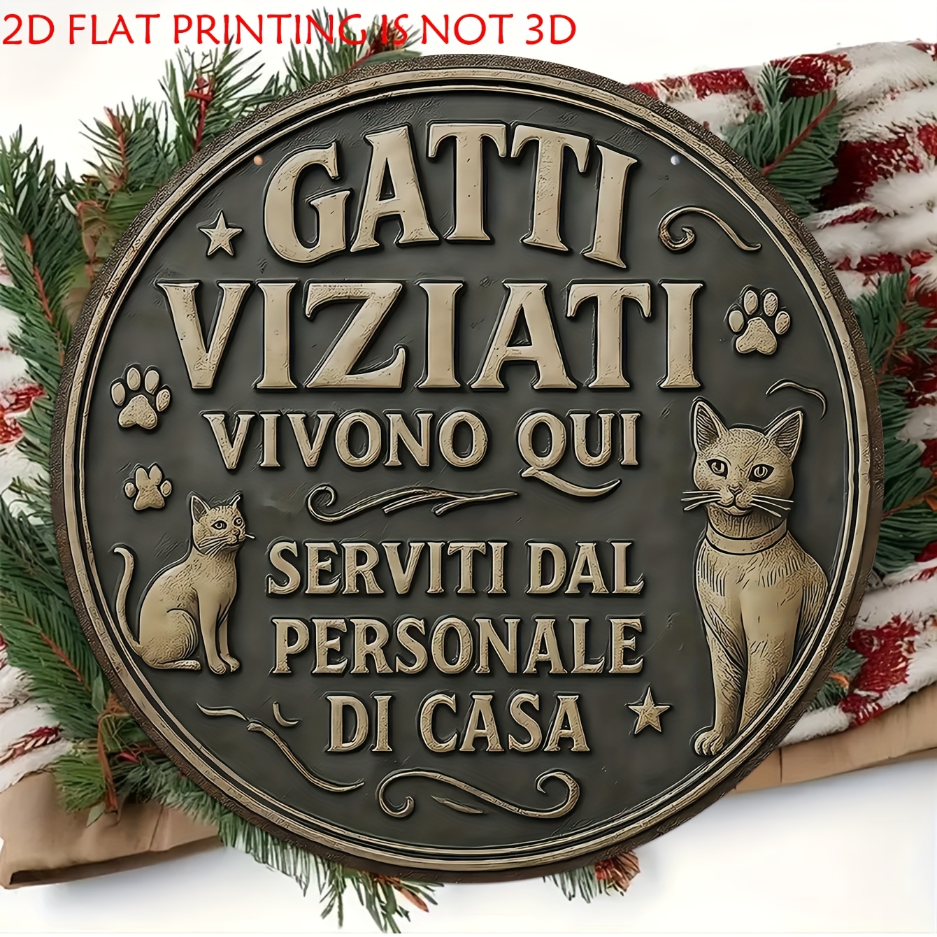 TEMU 2d Flat, 1pc Italian Cat Wall Decor - Vintage " Viziati" Round Sign With Paw Print & Kitten Illustration, Italian Hanging Ornament Suitable For