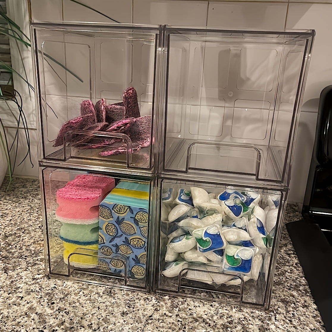 4 6.6-inch Stackable Storage Boxes, Clear Plastic Drawers, Suitable For Vanities, Under Sinks, Kitchen Cabinets, And Bathroom Storage