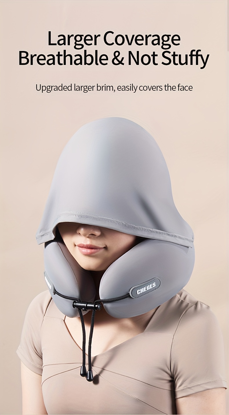 Car Hooded U-Shaped Neck Pillow, Adjustable Hooded U-Shaped Neck Pillow, Portable for Airplane Travel, Ice Sliky Fiber Fabric Slow Rebound U-Shaped Neck Pillow with Storage Bag