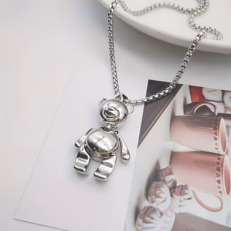 new cute bear pendant necklace stainless steel 70cm long chain suitable for women and mens daily wear classic pendant little bear movable design suitable for daily holiday gifts for her Product details 0