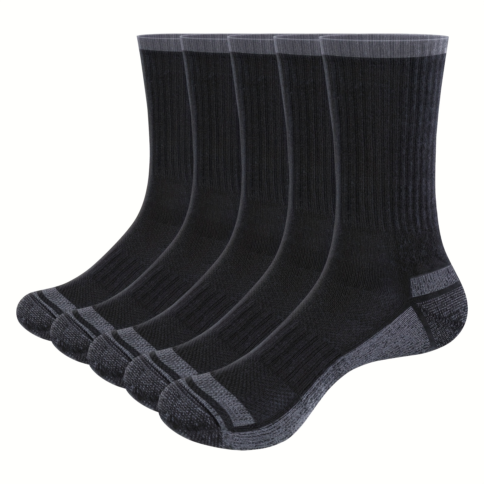 Image of 5 Pairs Mens Athletic Crew Socks Cushioned Work Socks Thick Pad Moisture Wicking Mid-boot Socks Fitness Walking Hiking Outdoor Sports Socks Black White