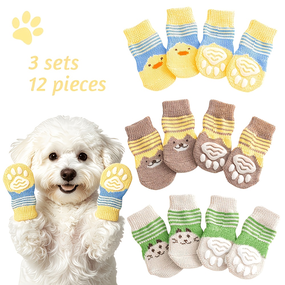 TEMU 12pcs Cute Cartoon Pattern Non-slip Comfortable Soft Knit Universal Dog Socks, Preventing Paw Licking, Suitable For Indoor And Outdoor Use,