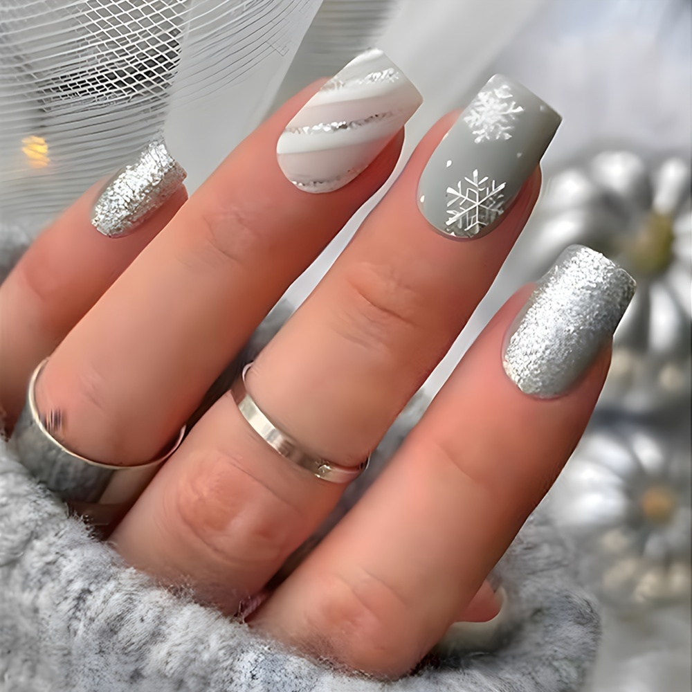 

24 Pcs Long Square Press-on Nails, Glossy Gray Glitter With Snowflake Design, Reusable Artificial Fake Nails Set For Women And Girls